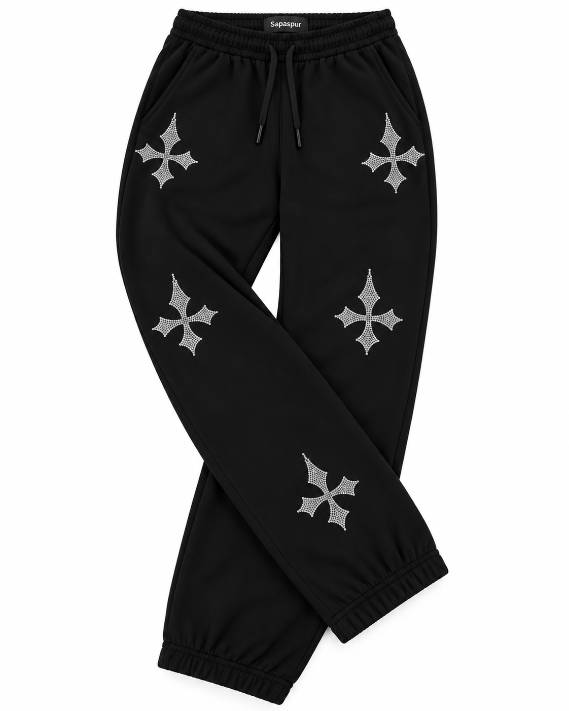 Sapaspur Rhinestone Cross Jogger Sweatpants – Black