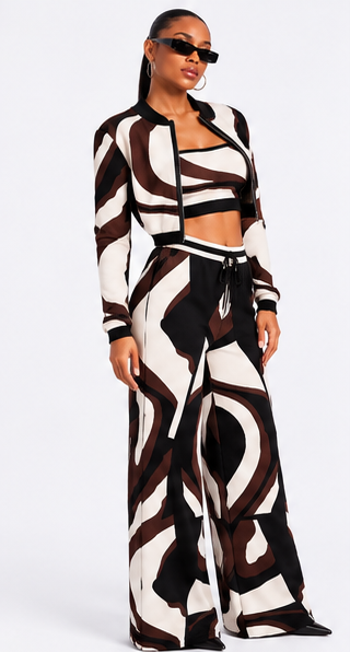 Three-Piece Multicolor Sweater Knit Set – Chocolate/Cream