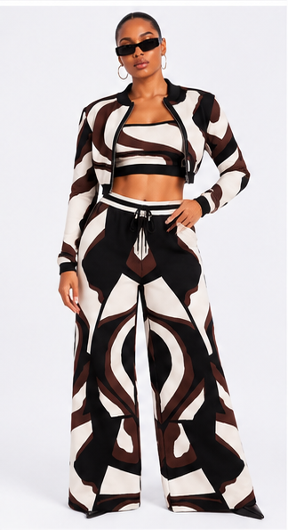 Three-Piece Multicolor Sweater Knit Set – Chocolate/Cream